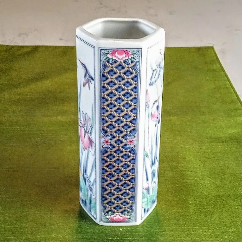 Vintage FTD Hexagonal White Floral Porcelain Vase
